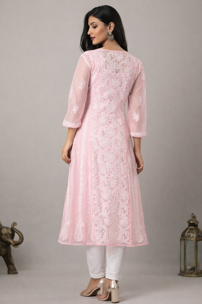 Lucknowi Chikankari Pink 'Shagufta' Georgette Anarkali-K40031