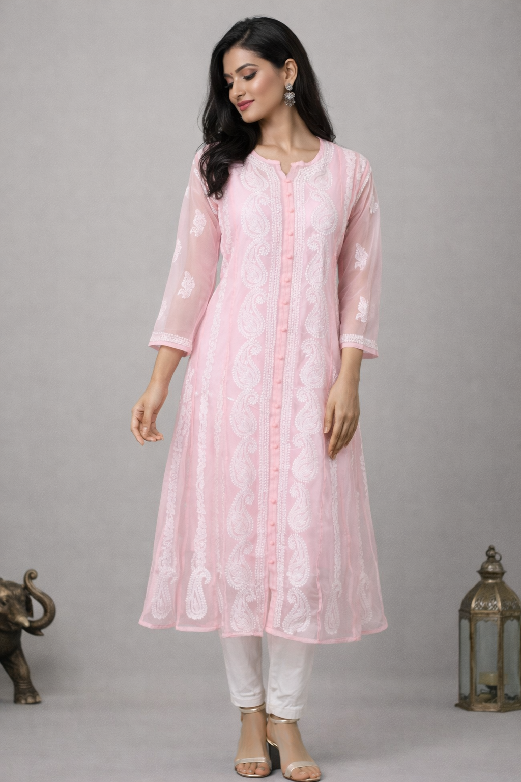 Lucknowi Chikankari Pink 'Shagufta' Georgette Anarkali-K40031