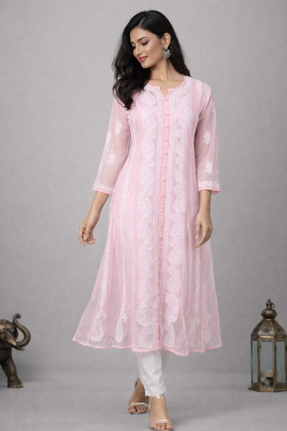 Lucknowi Chikankari Pink 'Shagufta' Georgette Anarkali-K40031