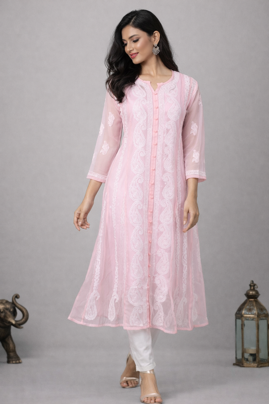 Lucknowi Chikankari Pink 'Shagufta' Georgette Anarkali-K40031
