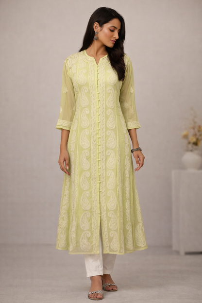 Lucknowi Chikankari Yellow 'Sunehri' Georgette Anarkali-K40029