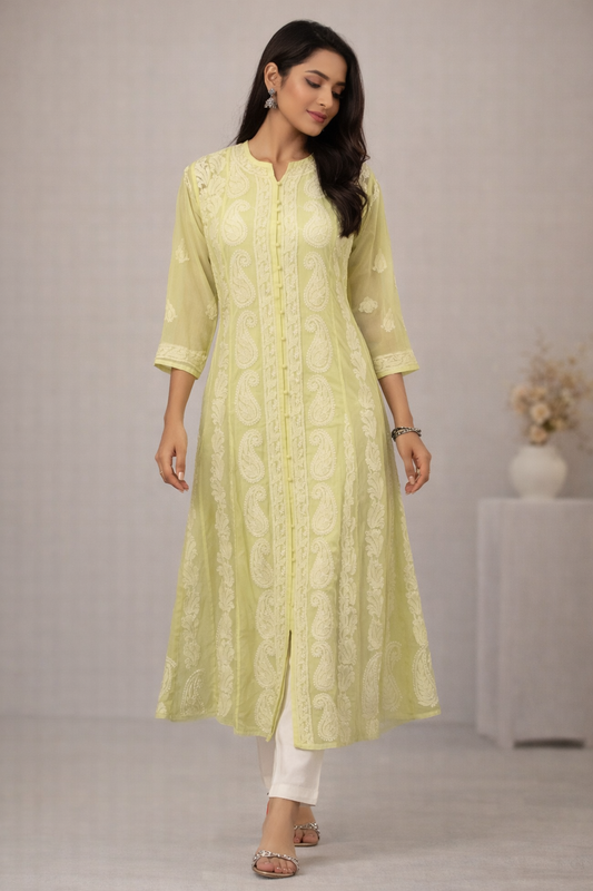 Lucknowi Chikankari Yellow 'Sunehri' Georgette Anarkali-K40029