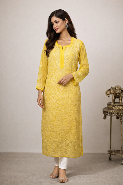 Lucknowi Chikankari Yellow 'Sunehri' Georgette Kurti-K40011