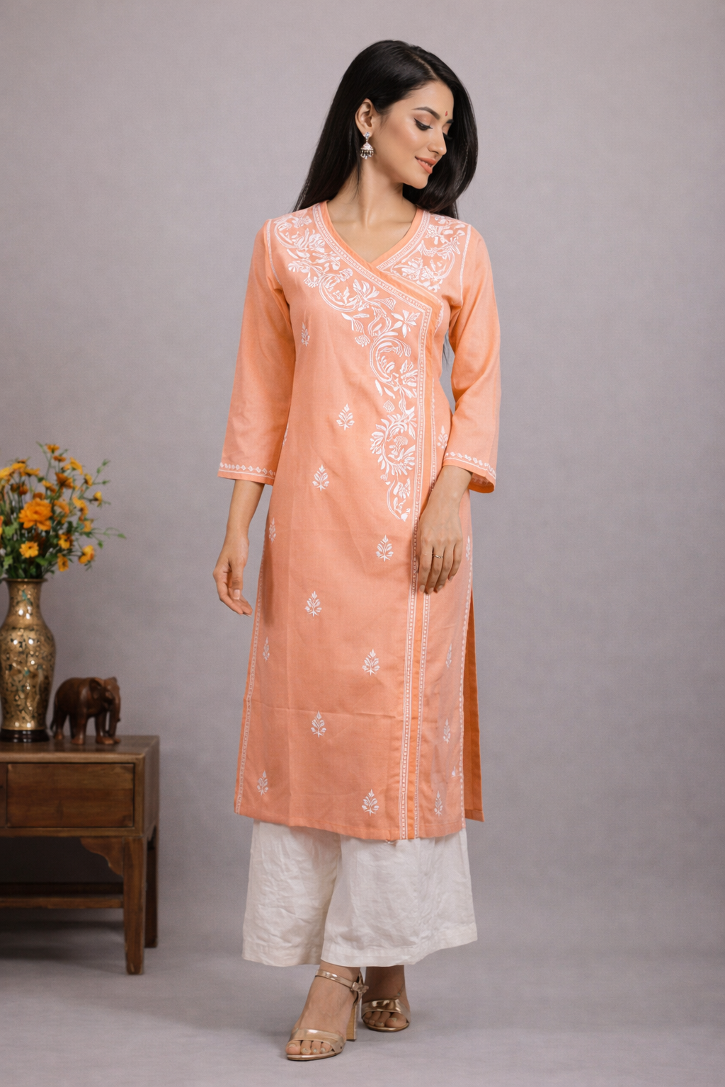 Lucknowi Chikankari Peach 'Aarooi' Cotton Angrakha-K40018