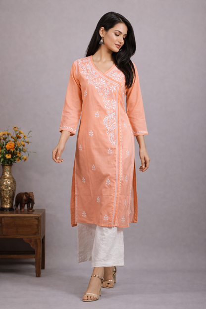 Lucknowi Chikankari Peach 'Aarooi' Cotton Angrakha-K40018
