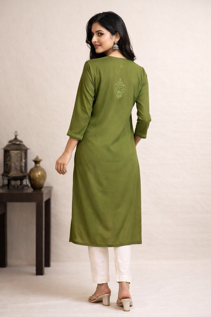 Lucknowi Chikankari Green 'Bahar' Cotton Angrakha-K40020