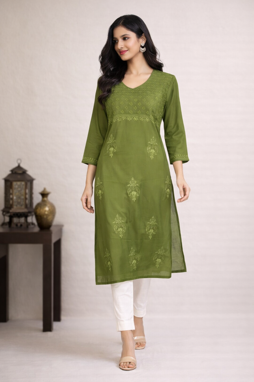 Lucknowi Chikankari Green 'Bahar' Cotton Angrakha-K40020