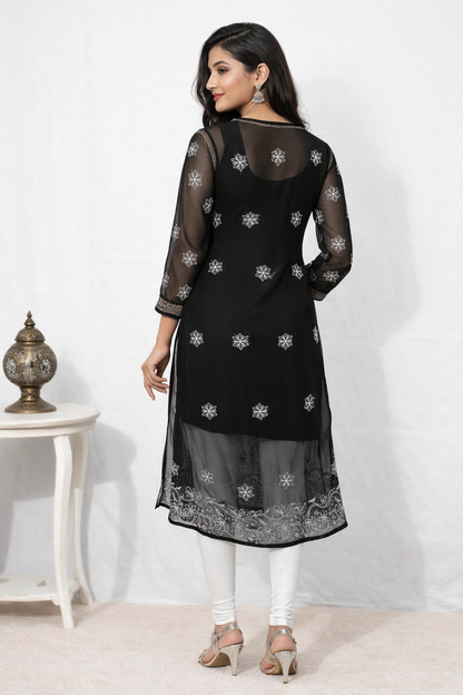 Lucknowi Chikankari Black 'Siah' Georgette Kurti-K40019
