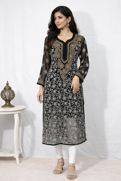 Lucknowi Chikankari Black 'Siah' Georgette Kurti-K40019
