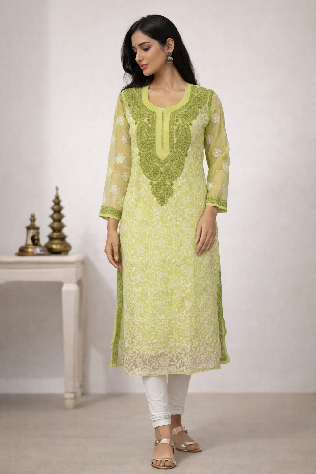 Lucknowi Chikankari Green 'Bahar' Georgette Kurti-K40012