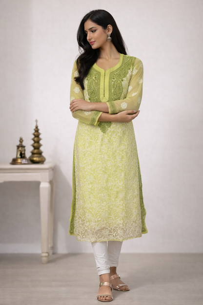Lucknowi Chikankari Green 'Bahar' Georgette Kurti-K40012
