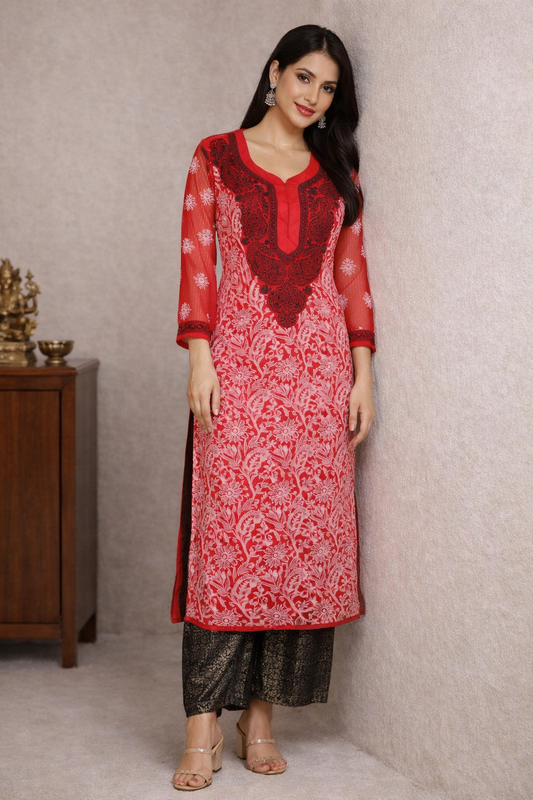 Lucknowi Chikankari Red 'Surkh' Georgette Kurti-K40014