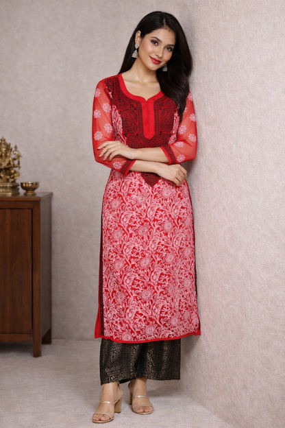 Lucknowi Chikankari Red 'Surkh' Georgette Kurti-K40014