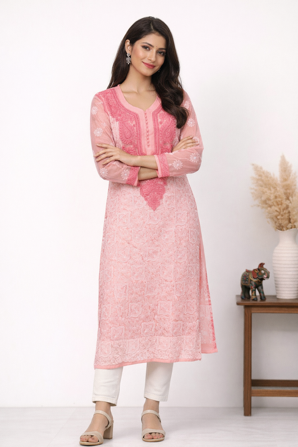 Lucknowi Chikankari Peach 'Aarooi' Georgette Kurti-K40015