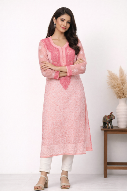 Lucknowi Chikankari Peach 'Aarooi' Georgette Kurti-K40015