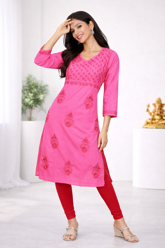 Lucknow Fashion Diary's Lucknowi Chikankari Pink 'Shagufta' Cotton Angrakha- K40025