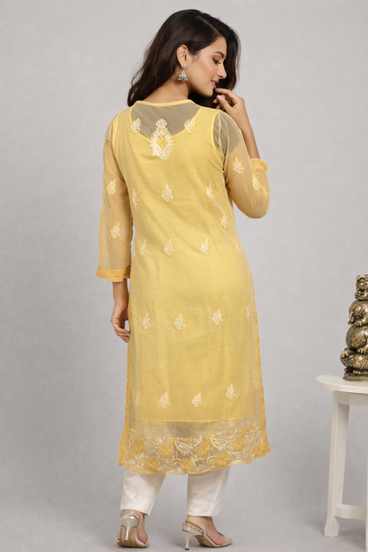 Lucknowi Chikankari Fawn 'Karimi' Georgette Kurti-K40026