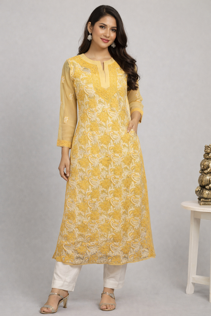 Lucknowi Chikankari Fawn 'Karimi' Georgette Kurti-K40026