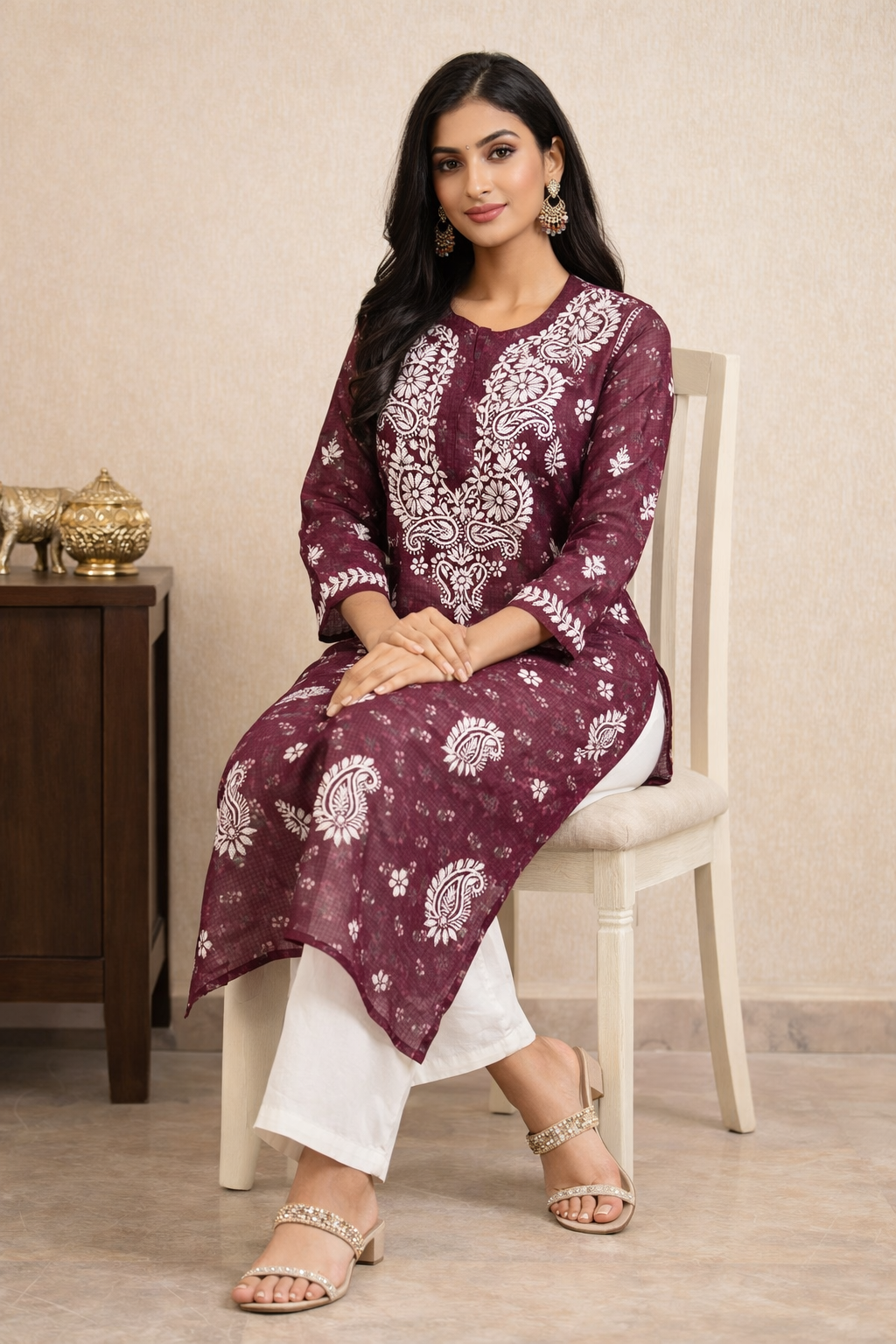 Lucknowi Chikankari Wine 'Jamuni' Printed Faux Kota Kurti-K40091