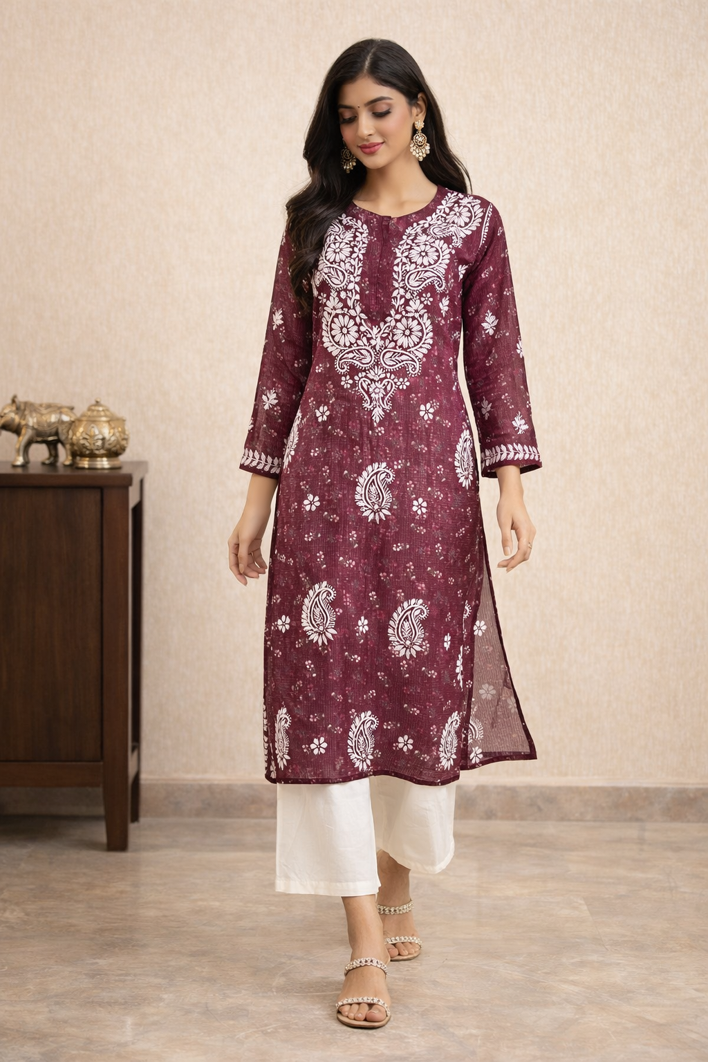 Lucknowi Chikankari Wine 'Jamuni' Printed Faux Kota Kurti-K40091