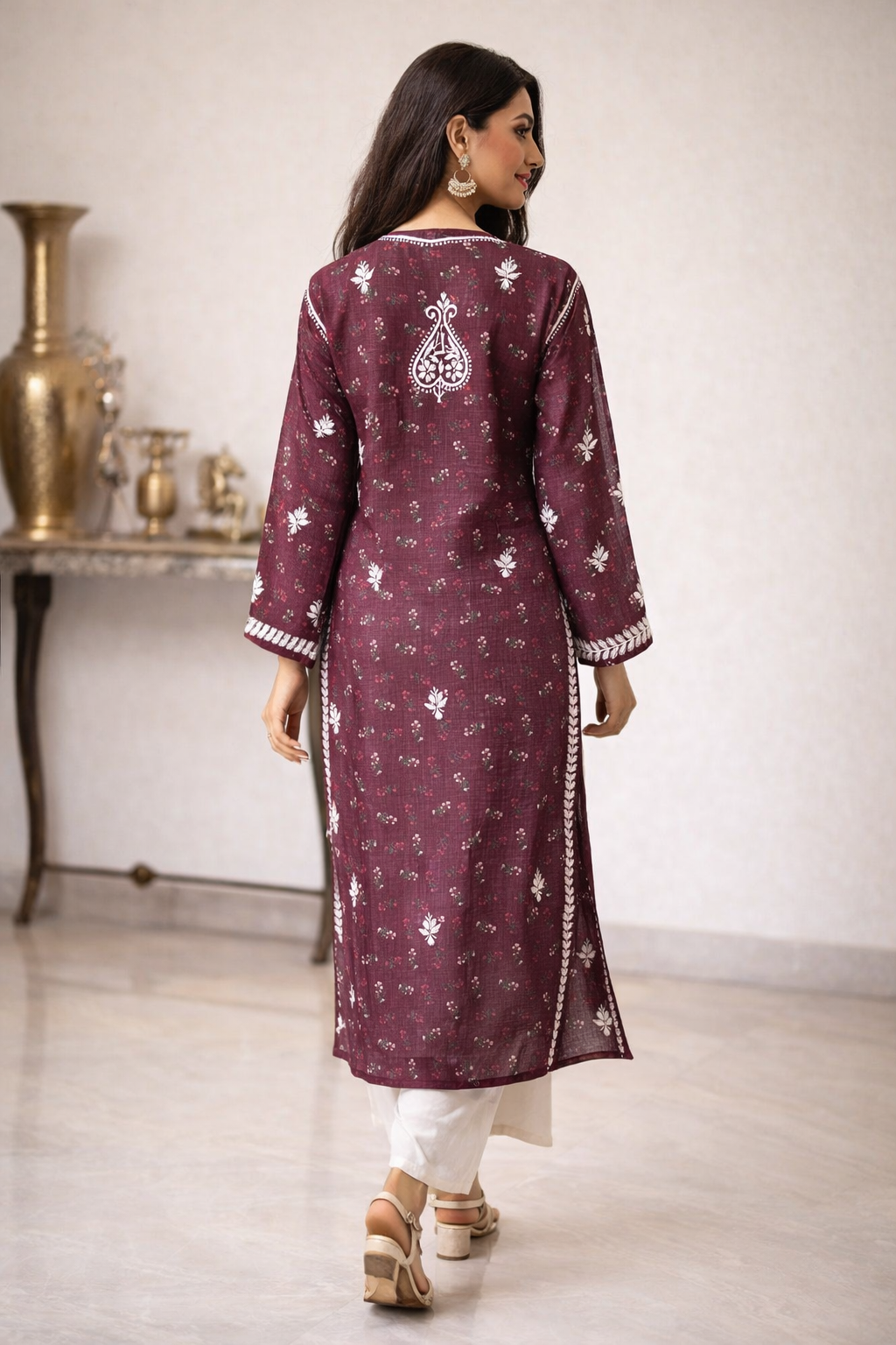 Lucknowi Chikankari Wine 'Jamuni' Printed Faux Kota Kurti-K40091