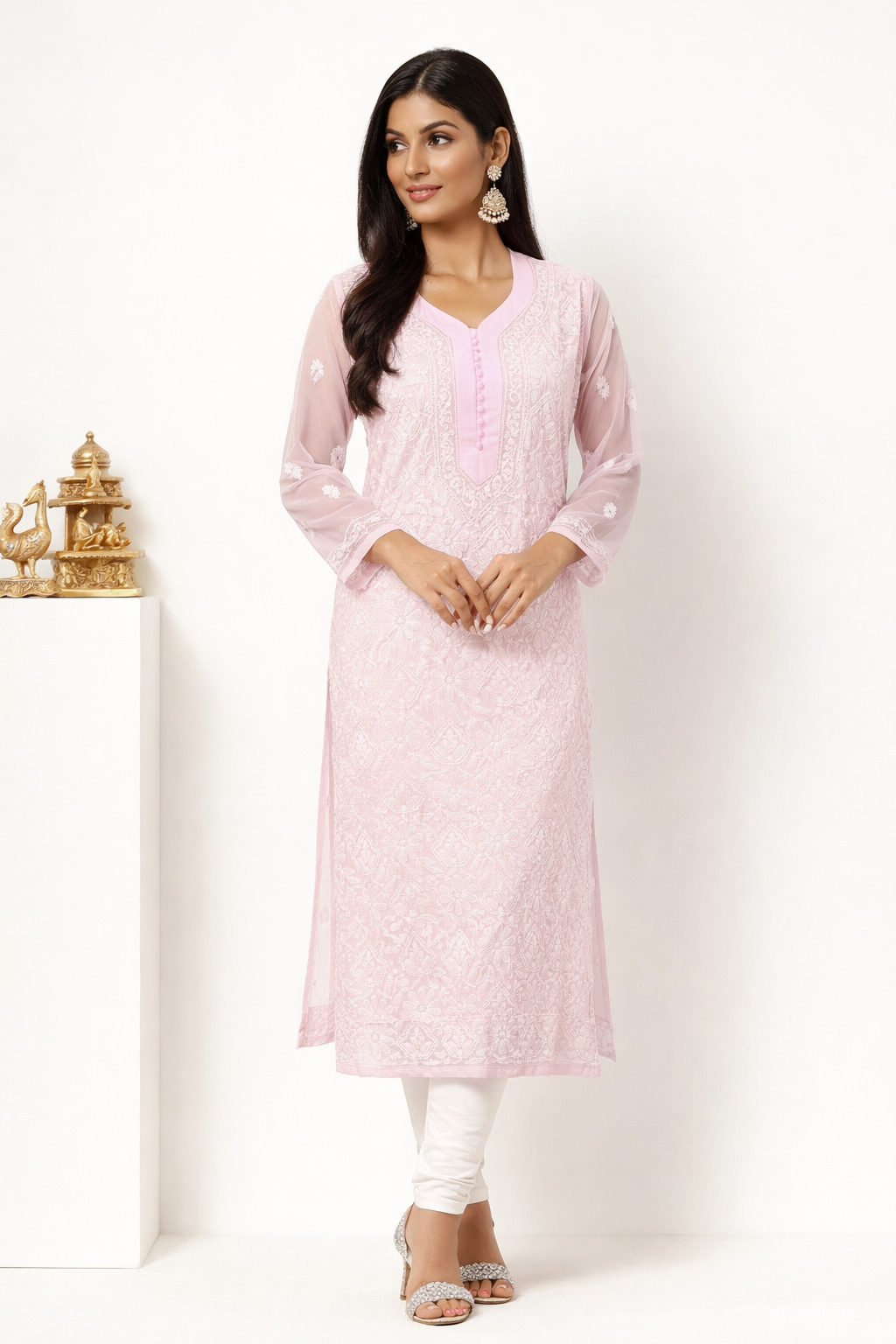 Lucknowi Chikankari Pink 'Shagufta' Georgette Kurti-K30004
