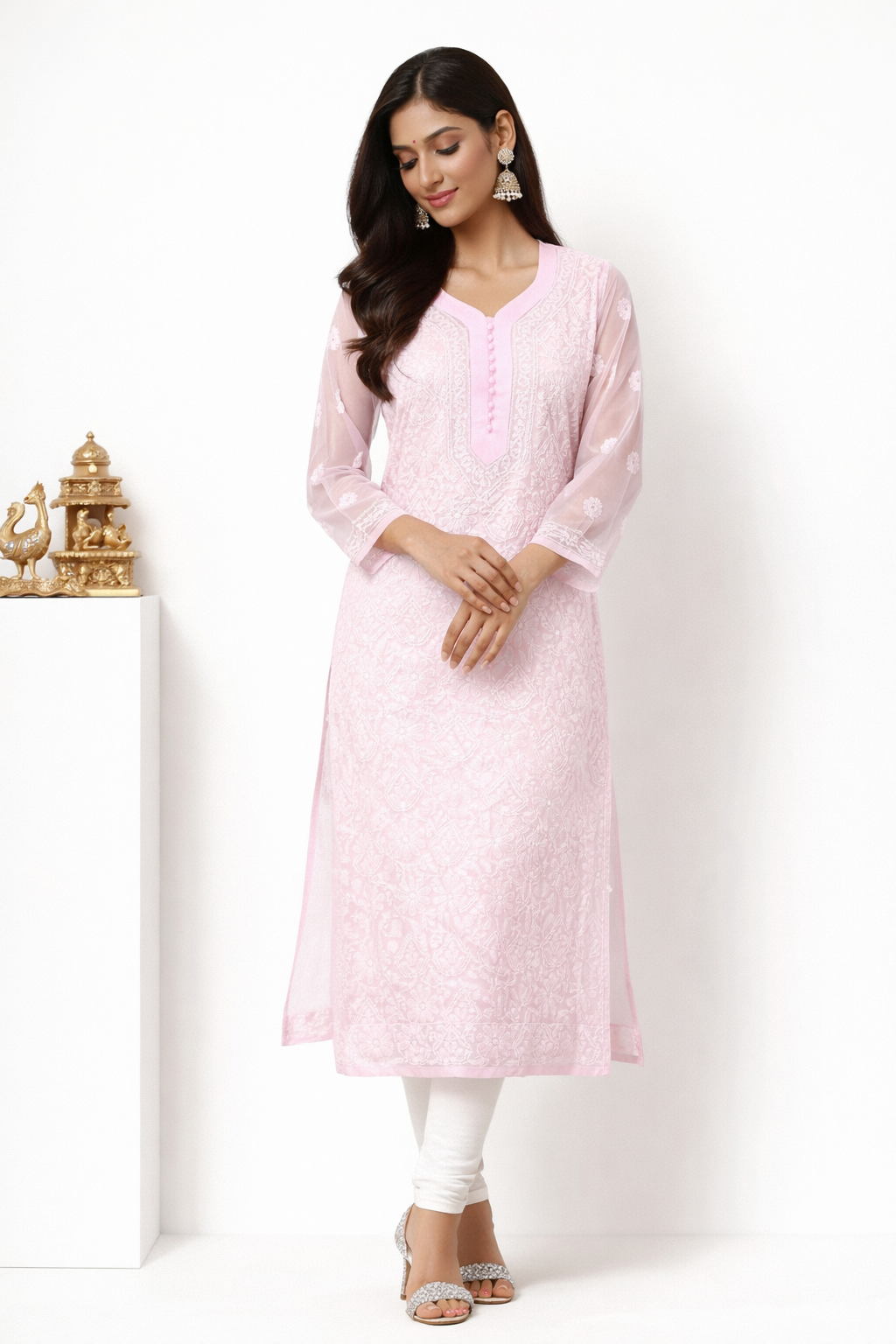 Lucknowi Chikankari Pink 'Shagufta' Georgette Kurti-K30004