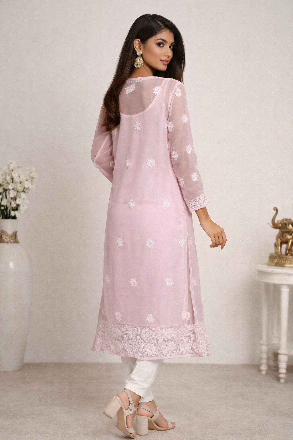 Lucknowi Chikankari Pink 'Shagufta' Georgette Kurti-K30004