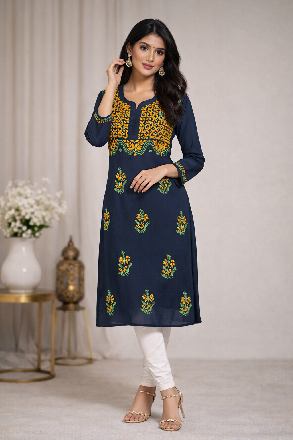 Lucknowi Chikankari Navy Blue 'Aab-e-Asmaan' Cotton Kurti -K30005