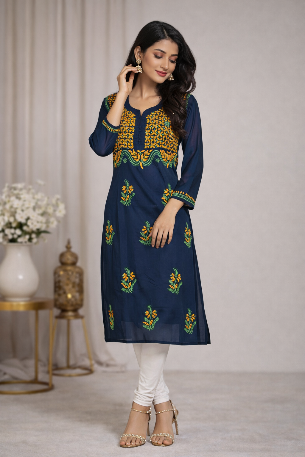 Lucknowi Chikankari Navy Blue 'Aab-e-Asmaan' Cotton Kurti -K30005