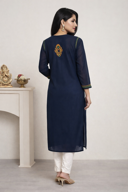 Lucknowi Chikankari Navy Blue 'Aab-e-Asmaan' Cotton Kurti -K30005