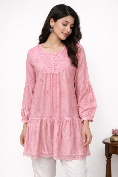 Lucknowi Chikankari Mauve 'Jamuni' Muslin Short Kurti-T50022