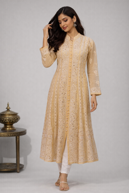Lucknowi Chikankari Fawn 'Karimi' Georgette Anarkali-K30031