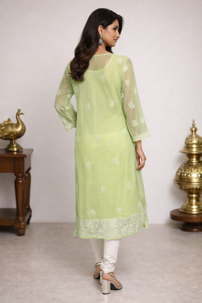 Lucknowi Chikankari Green 'Bahar' Georgette Kurti-K30007