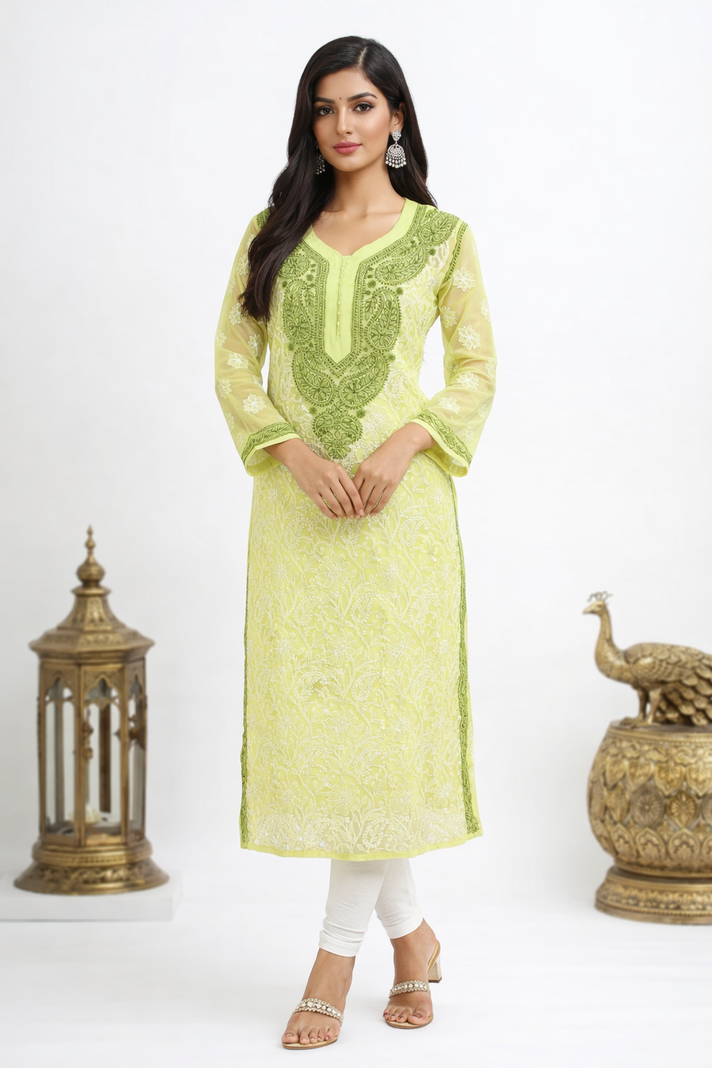 Lucknowi Chikankari Green 'Bahar' Georgette Kurti-K30008