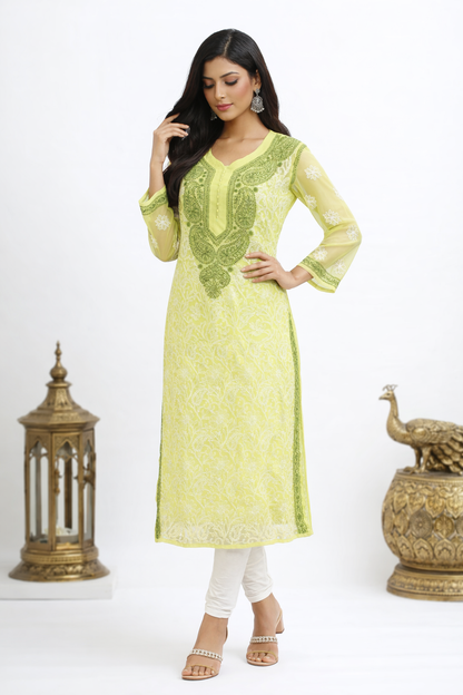 Lucknowi Chikankari Green 'Bahar' Georgette Kurti-K30008