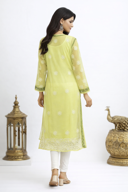 Lucknowi Chikankari Green 'Bahar' Georgette Kurti-K30008
