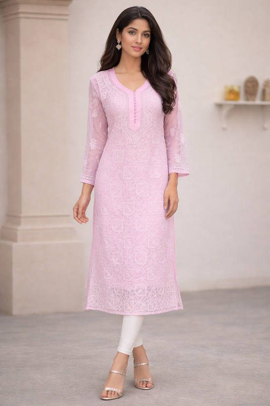Lucknowi Chikankari Pink 'Shagufta' Georgette Kurti-K30011