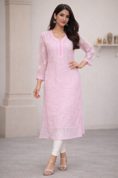 Lucknowi Chikankari Pink 'Shagufta' Georgette Kurti-K30011
