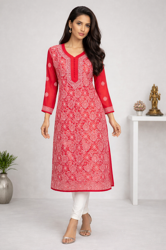 Lucknowi Chikankari Red 'Surkh' Georgette Kurti-K30012