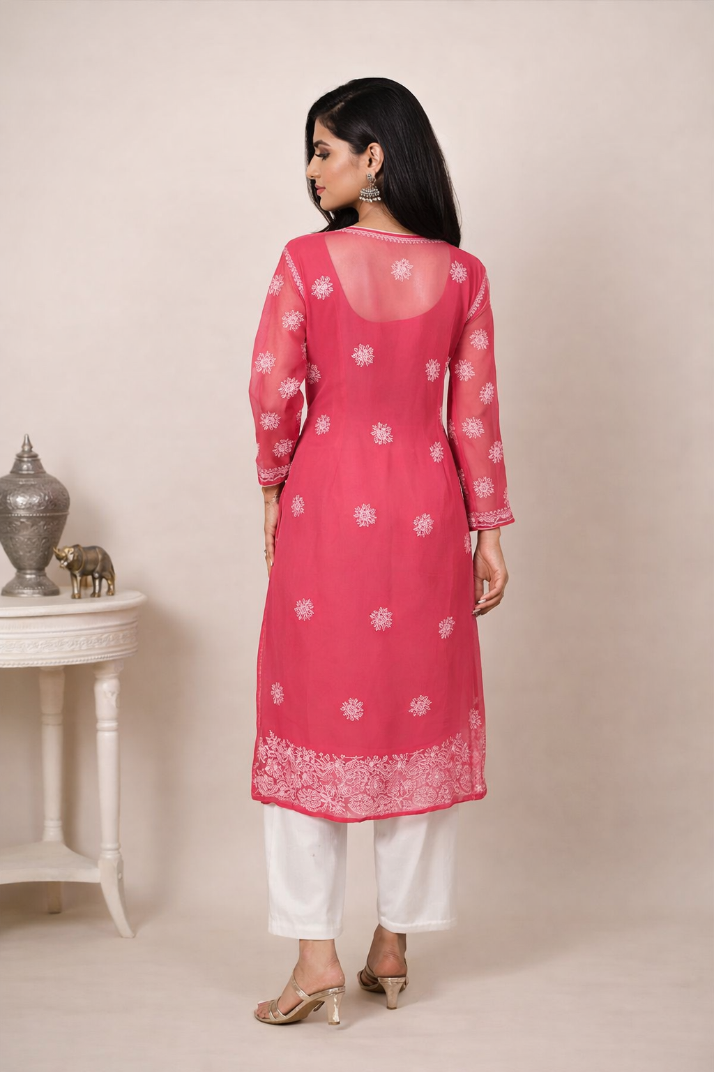 Lucknowi Chikankari Red 'Surkh' Georgette Kurti-K30013