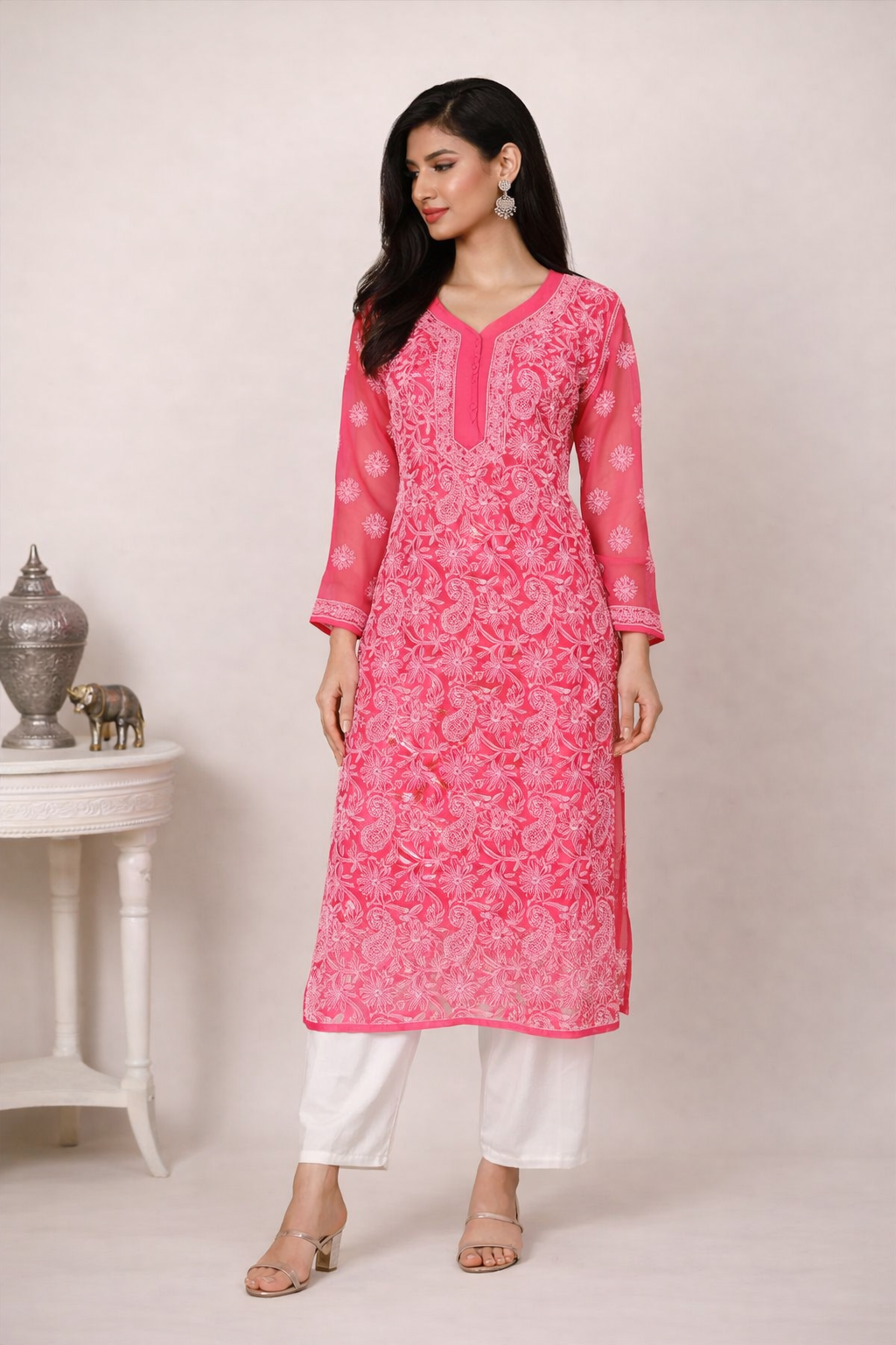 Lucknowi Chikankari Red 'Surkh' Georgette Kurti-K30013