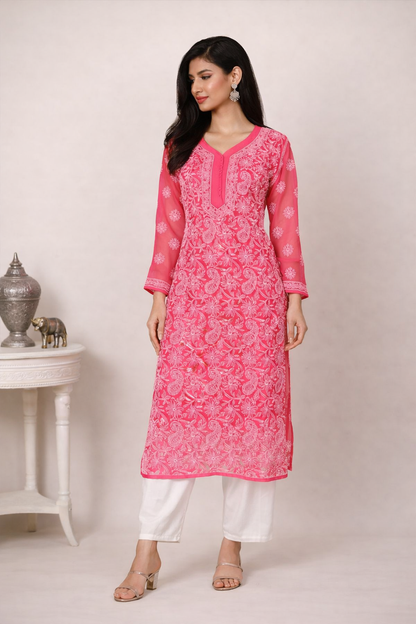 Lucknowi Chikankari Red 'Surkh' Georgette Kurti-K30013
