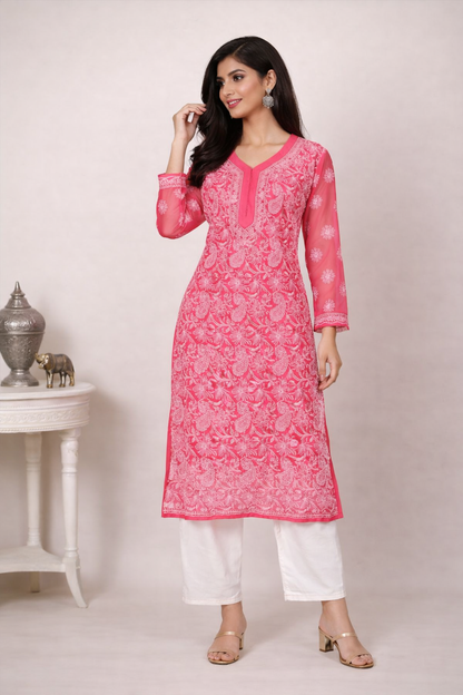 Lucknowi Chikankari Red 'Surkh' Georgette Kurti-K30013