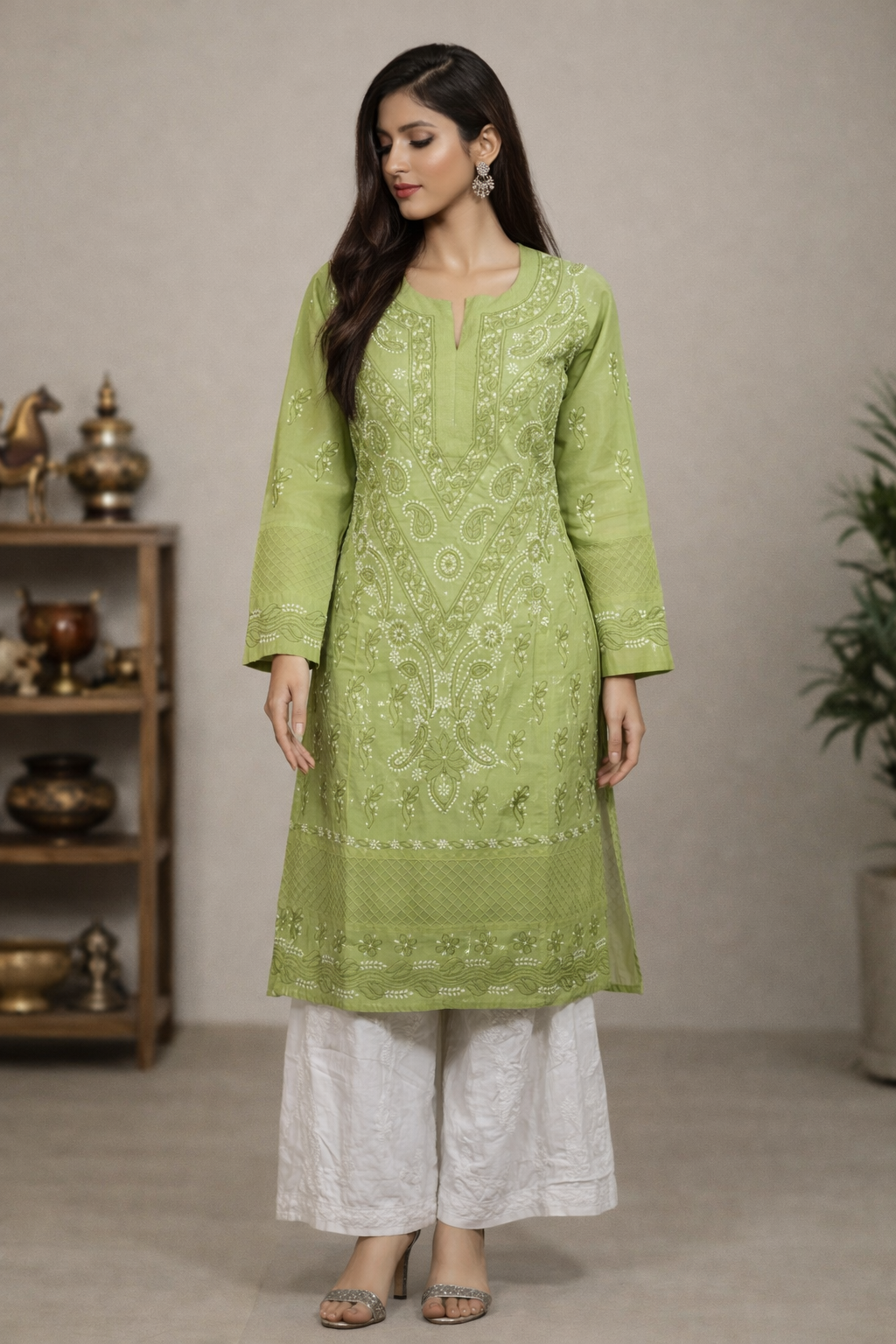 Lucknowi Chikankari Green 'Bahar' Cotton Kurti -K30014