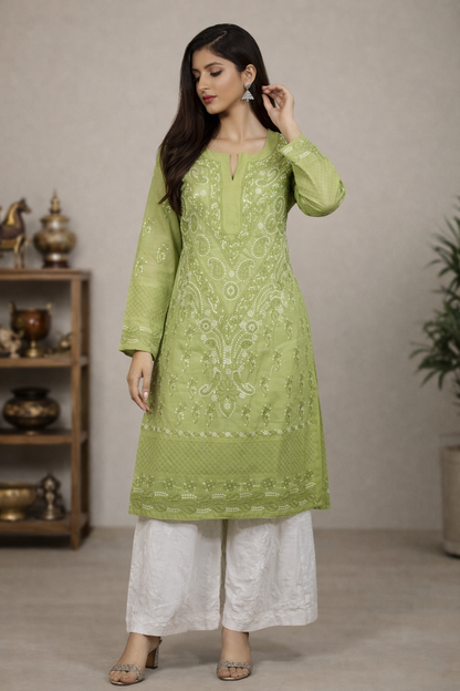 Lucknowi Chikankari Green 'Bahar' Cotton Kurti -K30014