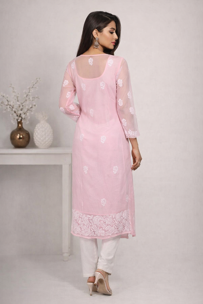 Lucknowi Chikankari Pink 'Shagufta' Georgette Kurti-K30016