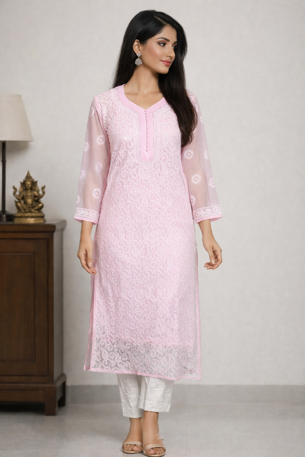 Lucknowi Chikankari Pink 'Shagufta' Georgette Kurti-K30057