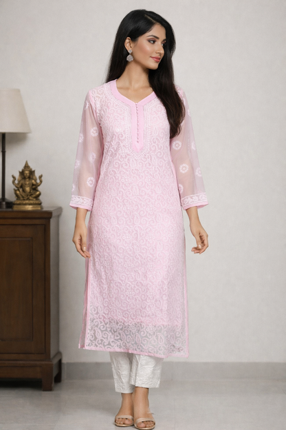 Lucknowi Chikankari Pink 'Shagufta' Georgette Kurti-K30057