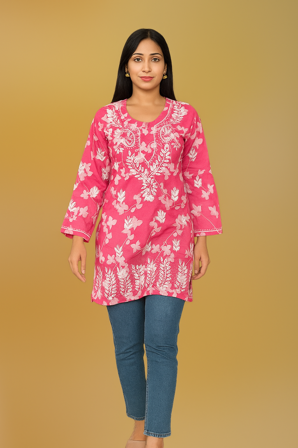 Lucknowi Chikankari Pink 'Shagufta' Printed Cotton Short Kurti-T000021